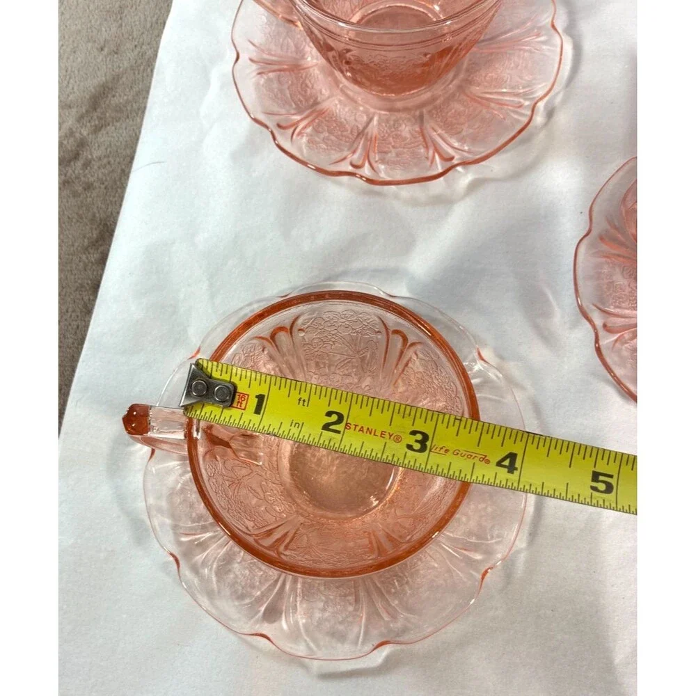 Jeannette Pink Cherry Blossom Depression Glass Cups Saucers 10 Pc Set VTG